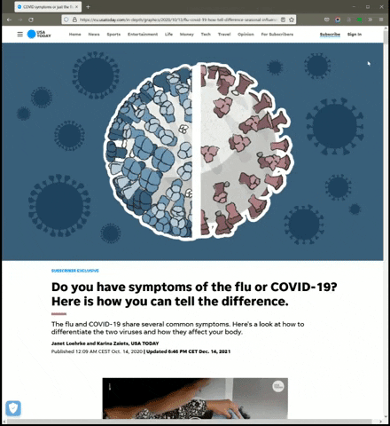 インフルエンザと新型コロナウイルス感染症の違いを分かりやすく伝えるため、テキストと視覚要素を組み合わせて情報を整理し、読者の注意を引く記事レイアウトのアニメーションスクリーンショット