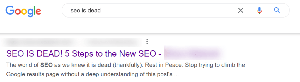 SEO が死んだと主張する複数のウェブページが並んだ検索結果のスクリーンショット