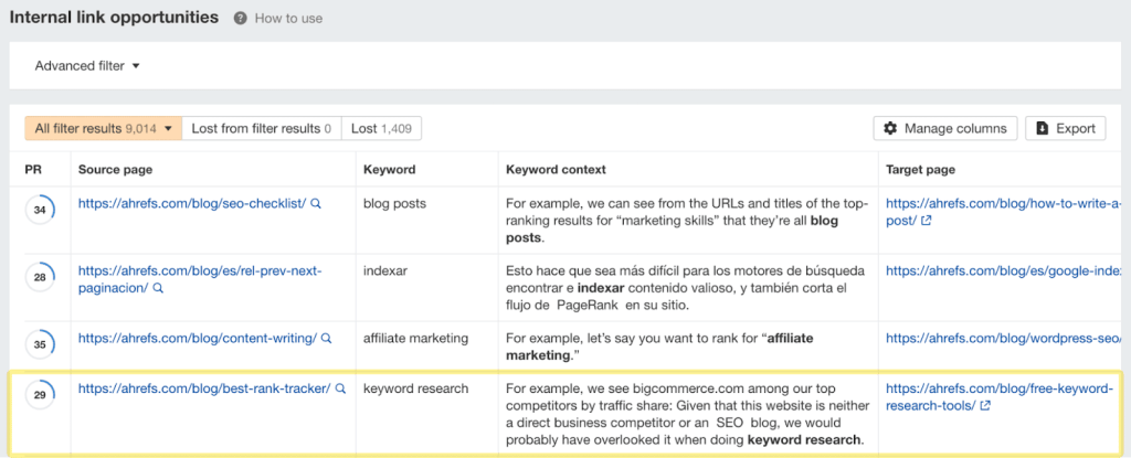 Ahrefs ウェブマスター ツールの内部リンク機会レポートで、特定のキーワード「キーワード リサーチ」を他の記事にリンクできる提案が表示されているスクリーンショット