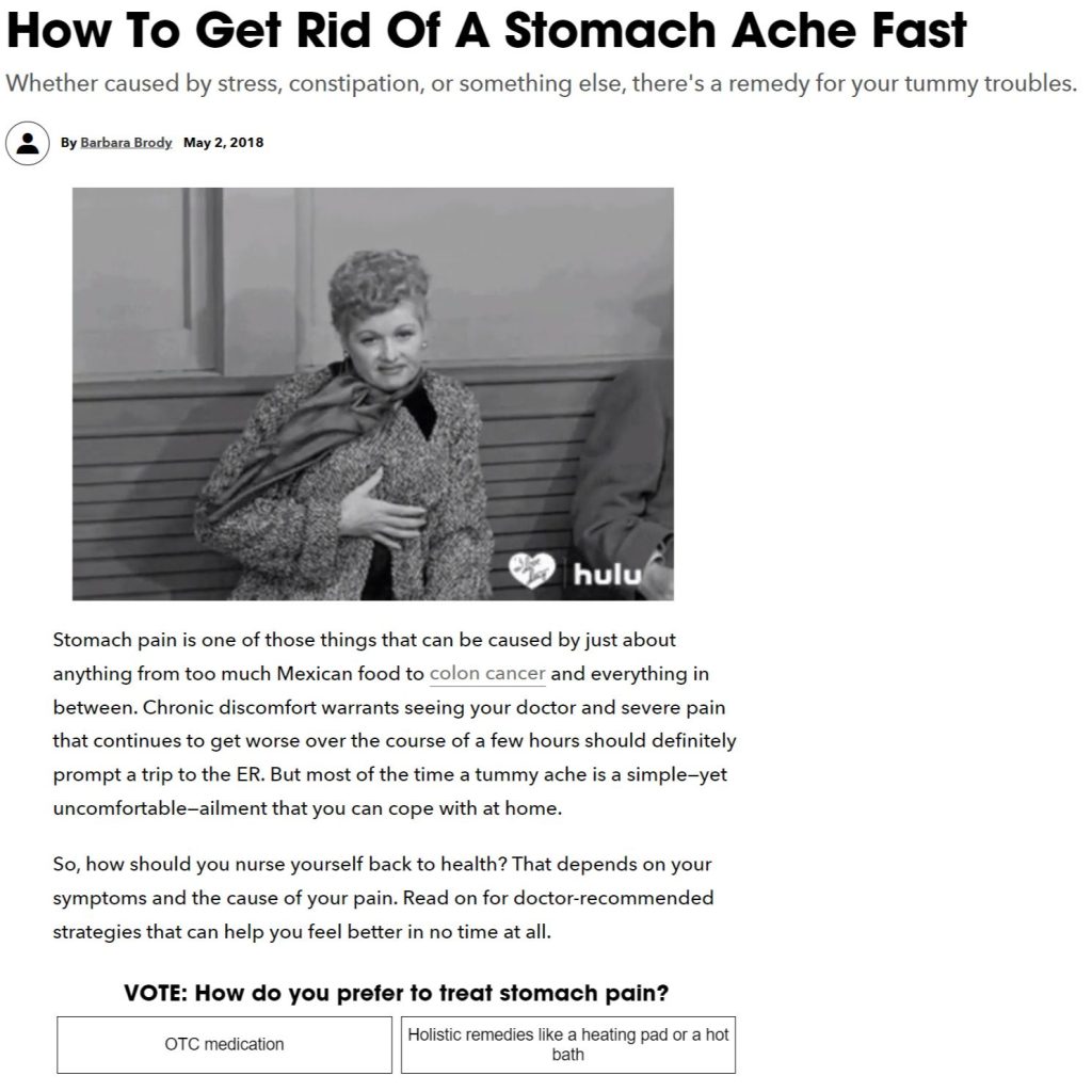 「お腹が痛いときの対処法」に関する情報を探している検索者向けに、より適切で信頼性のある情報を提供している記事はどちらかを比較しているページのスクリーンショット