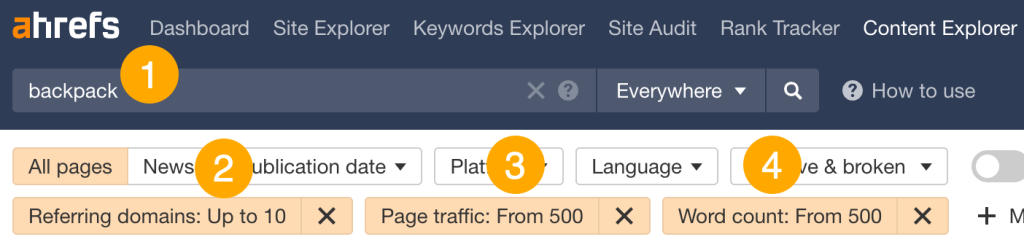 Ahrefsのコンテンツエクスプローラー画面で「backpack」と入力し、参照ドメイン数を10未満、ページトラフィックを500以上、単語数を500以上に設定して、競争の少ないトピックをフィルタリングしているスクリーンショット

