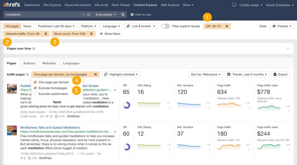 Ahrefs の Content Explorer 画面で、フィルター条件として DR 30-70、ウェブサイト毎月オーガニックトラフィック3,000以上、語数500以上、ドメインごと1ページ、ホームページ除外が設定されている状態を示すスクリーンショット
