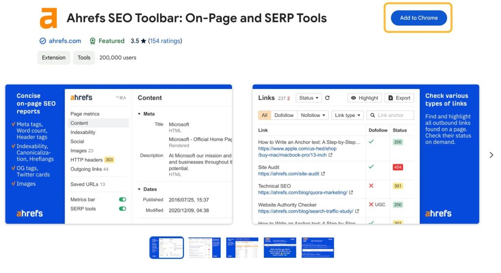 Ahrefs SEO Toolbar の紹介画面。Chrome と Firefox で使用できる無料の拡張機能で、SEOやマーケティング担当者が毎日利用していることを説明する図。
