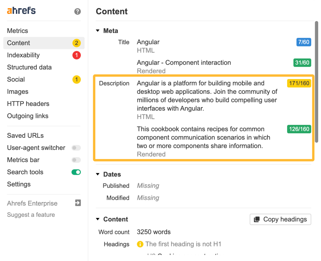 Ahrefs SEO Toolbar のメタタグレポート画面

