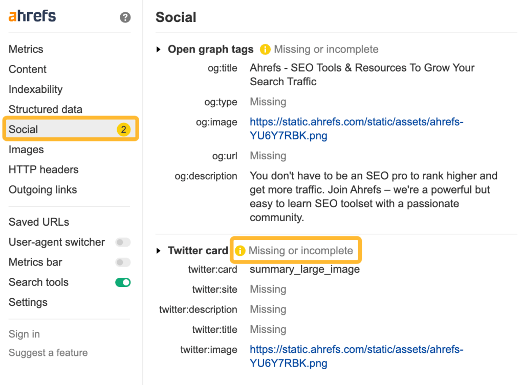 Ahrefs SEO Toolbar の [ソーシャル] タブ画面

