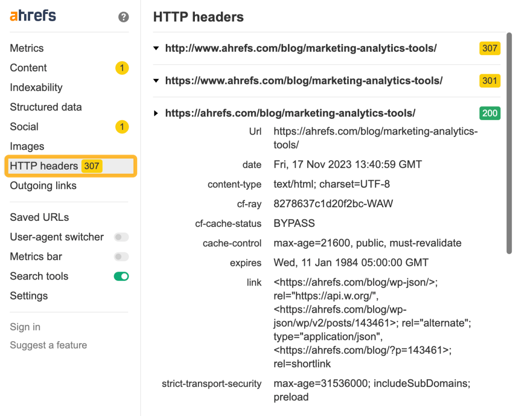 Ahrefs SEO Toolbar の [HTTP ヘッダー] タブ画面
