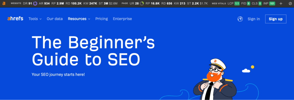 "Ahrefs SEO Toolbar のメトリクスバー画面。ブラウジング中にページやウェブサイトの SEO 指標を示すフローティングバーをオン・オフできる様子。
"
