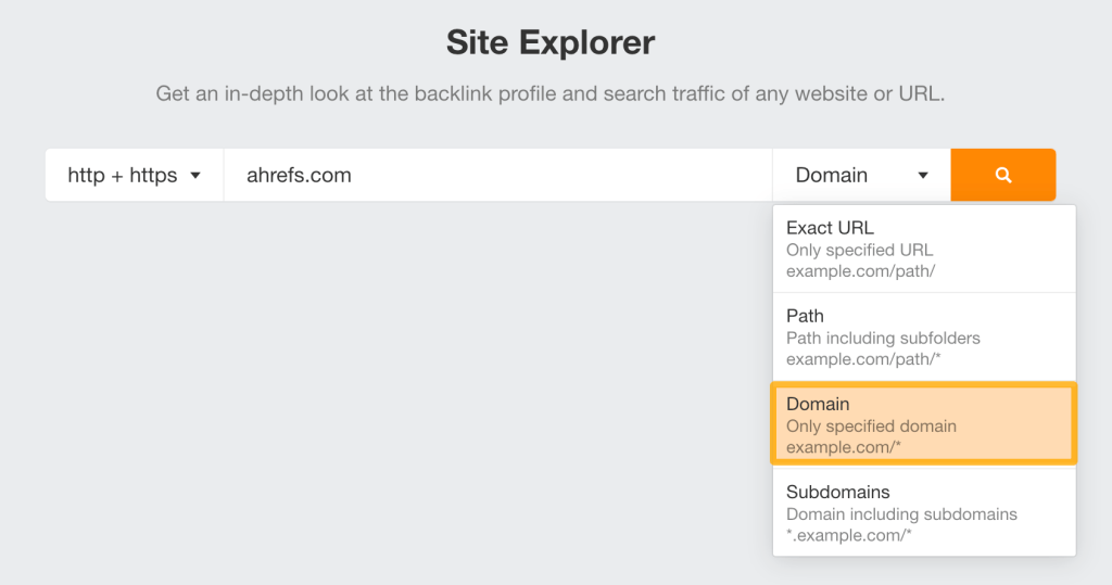 AhrefsのSite Explorerで「ドメイン」モードを選択した画面
