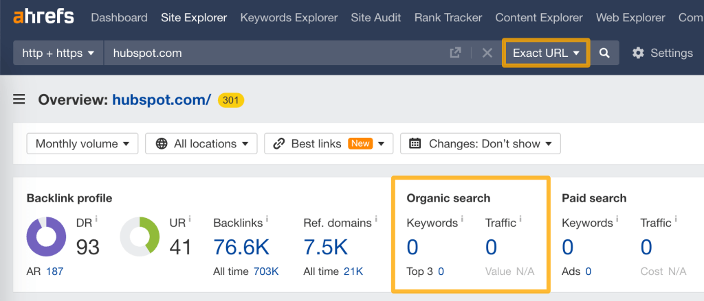 AhrefsのSite Explorerで「www.hubspot.com」を分析した例
