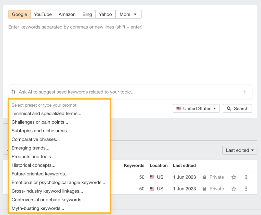 AhrefsのKeywords ExplorerでAIプロンプトを選択する画面
