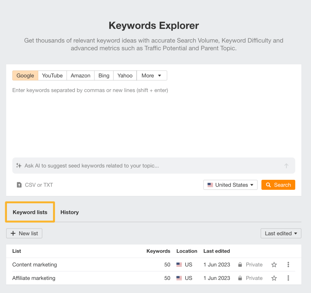 AhrefsのKeywords Explorerで生成されたキーワードのアイデアをキーワードリストに追加する画面  