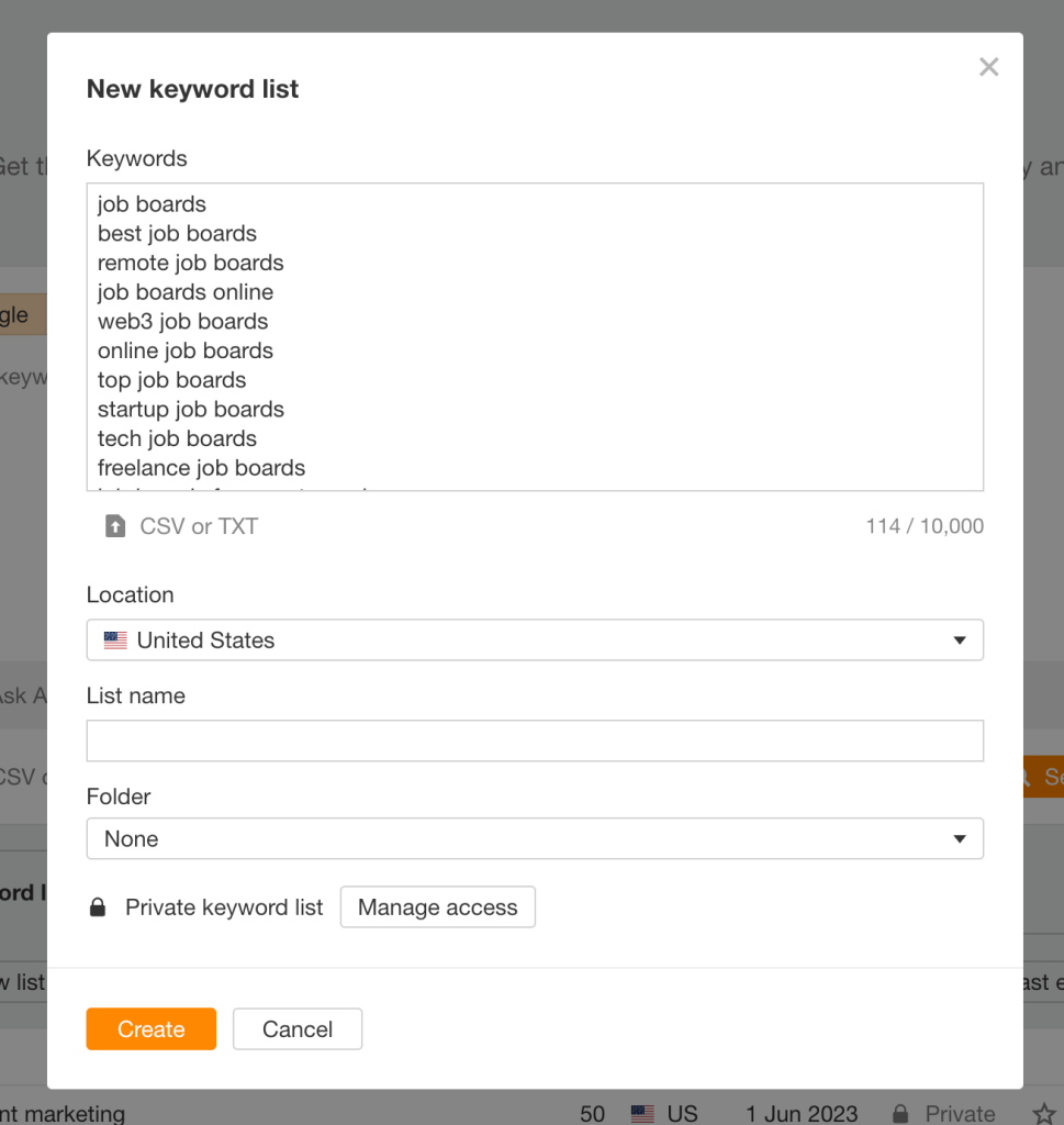 AhrefsのKeywords Explorerで新しいキーワードリストを作成する操作画面  