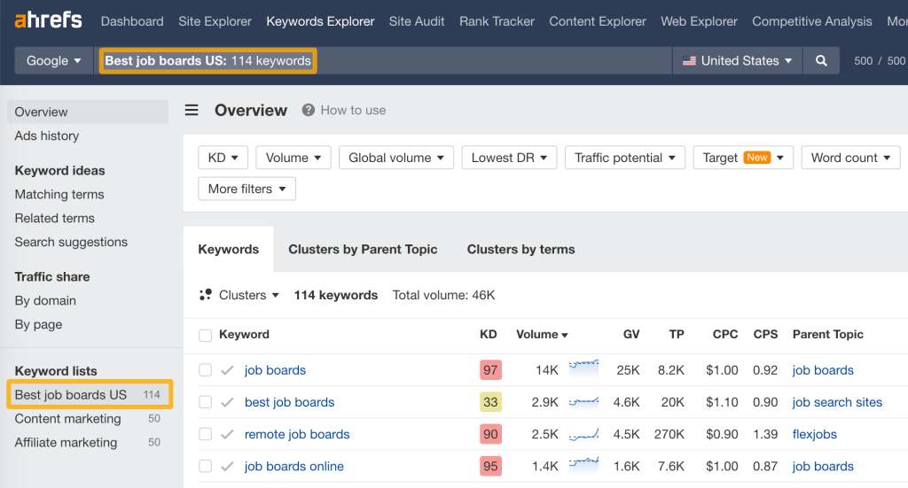 AhrefsのKeywords Explorerでキーワードリストを作成・共有する設定画面
