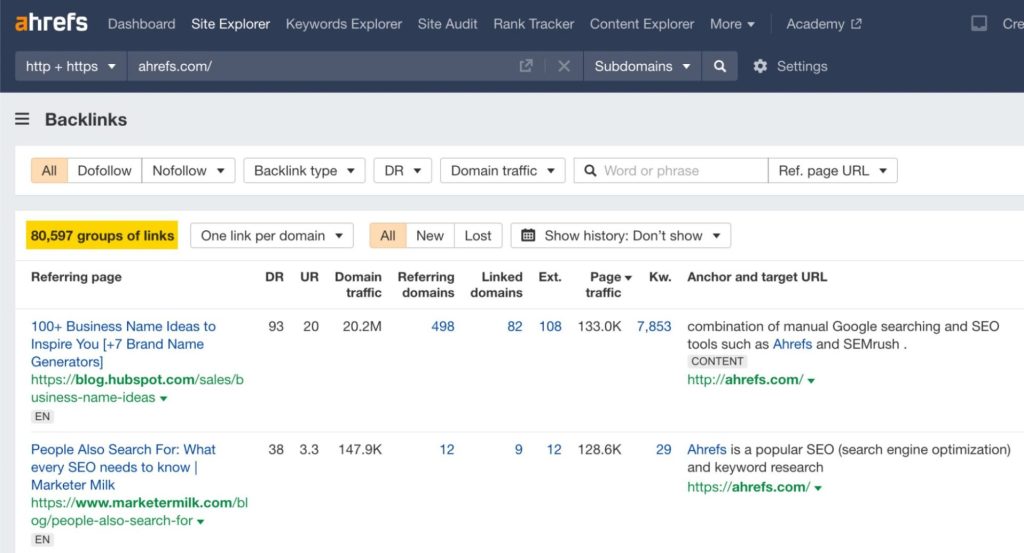 Ahrefs のサイトエクスプローラーで競合ドメインの被リンクレポートを表示している画面