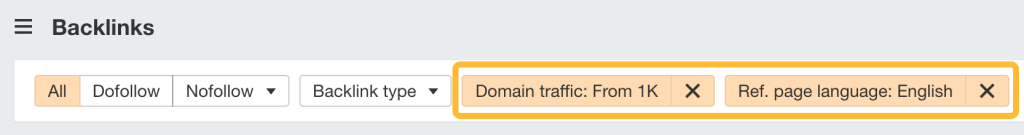 Ahrefs の被リンクレポート上部にあるフィルター設定バー