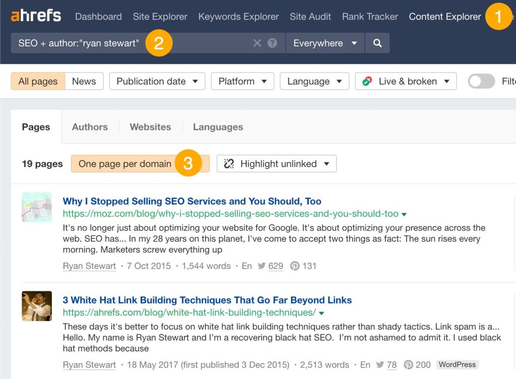 Ahrefs のコンテンツエクスプローラーで競合他社の担当者名と関連トピックを検索し、ドメインごとに 1 ページのみを表示するフィルターを適用している画面