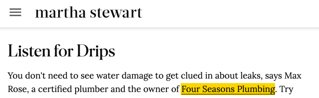 「Martha Stewart Living」の記事内で、Four Seasons Plumbing の Max Rose のコメントが引用され、企業サイトへの被リンクが掲載されている例