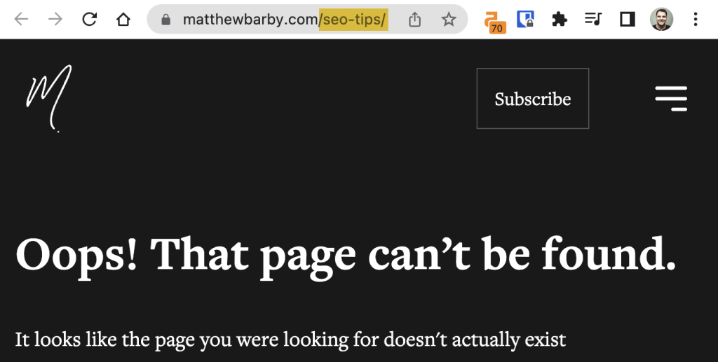 「ページが見つかりません」というメッセージを表示する404エラーページのスクリーンショットで、SEOのヒントに関するデッドページの例