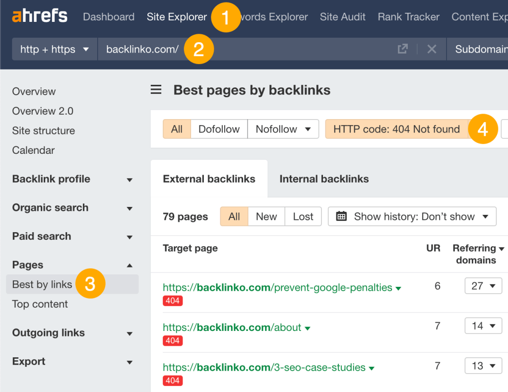 Ahrefsの「ベストバイリンク」レポートで「404 not found」フィルターを適用し、競合他社ドメイン内のリンク切れページを特定している画面のスクリーンショット