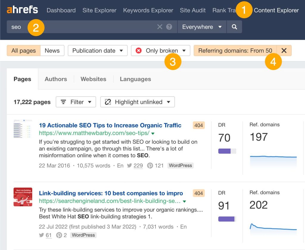 Ahrefsのコンテンツエクスプローラーで、特定のトピックに関連する壊れたページを参照ドメイン数でフィルタリングして表示している画面のスクリーンショット
