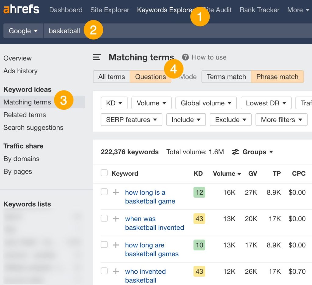 Ahrefs の Keywords Explorer で「バスケットボール」を検索し、関連キーワードの一覧と「質問」タブが表示された画面のスクリーンショット