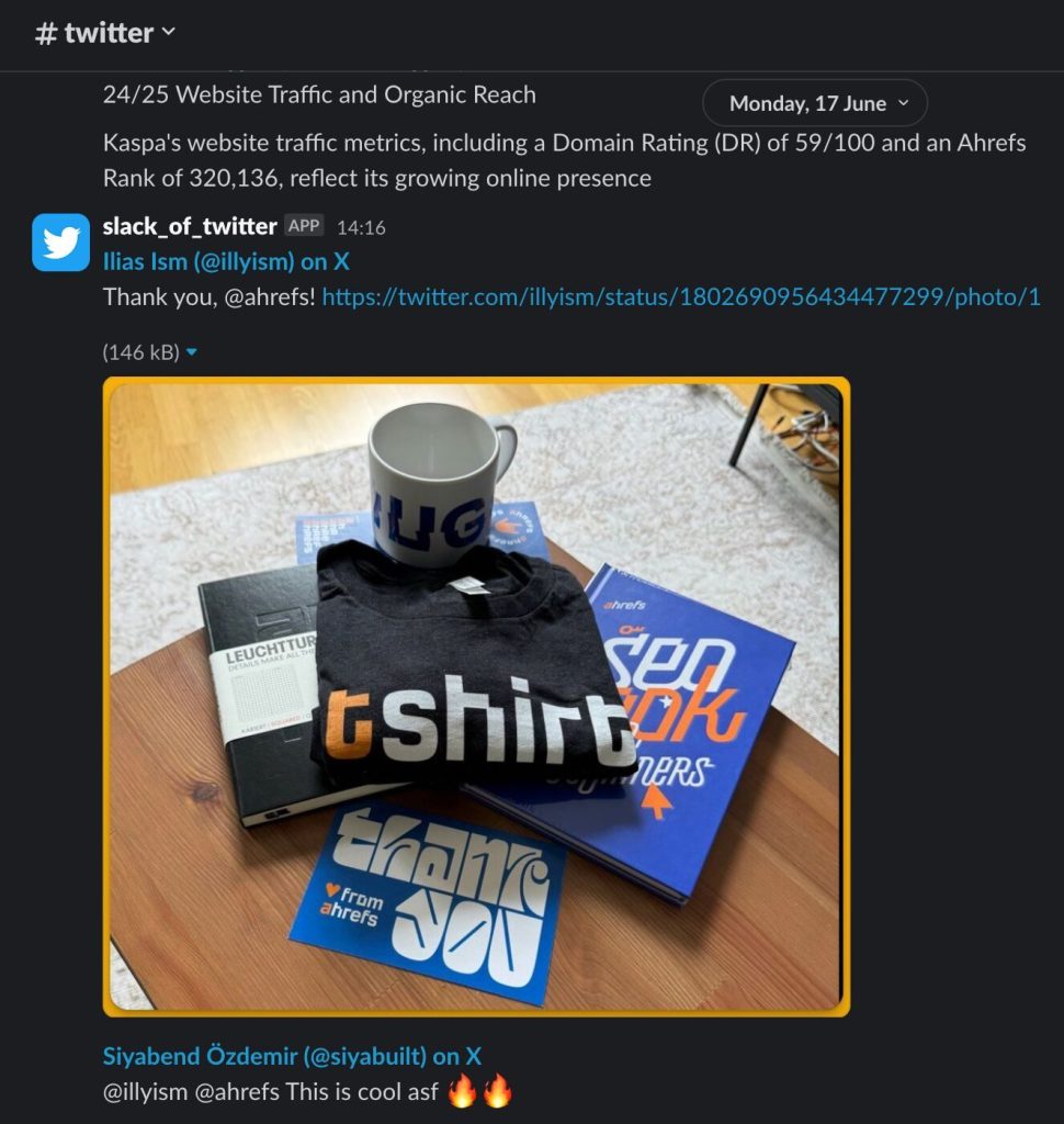 AhrefのSlack で X（Twitter）フィードを監視している画面

