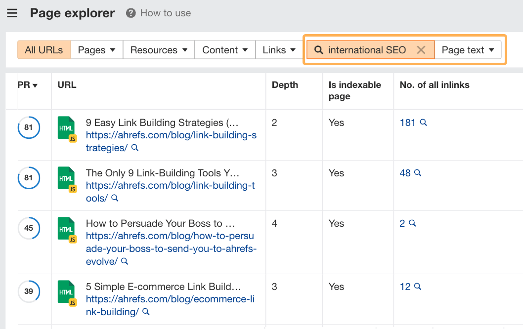 Ahrefs のページ エクスプローラーを使って特定のトピックに言及しているページを見つけた一例。