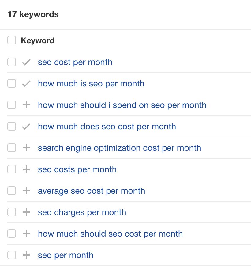 用語クラスタリングにより、多くの人がさまざまな方法で月額 SEO 価格を検索していることが明らかになります