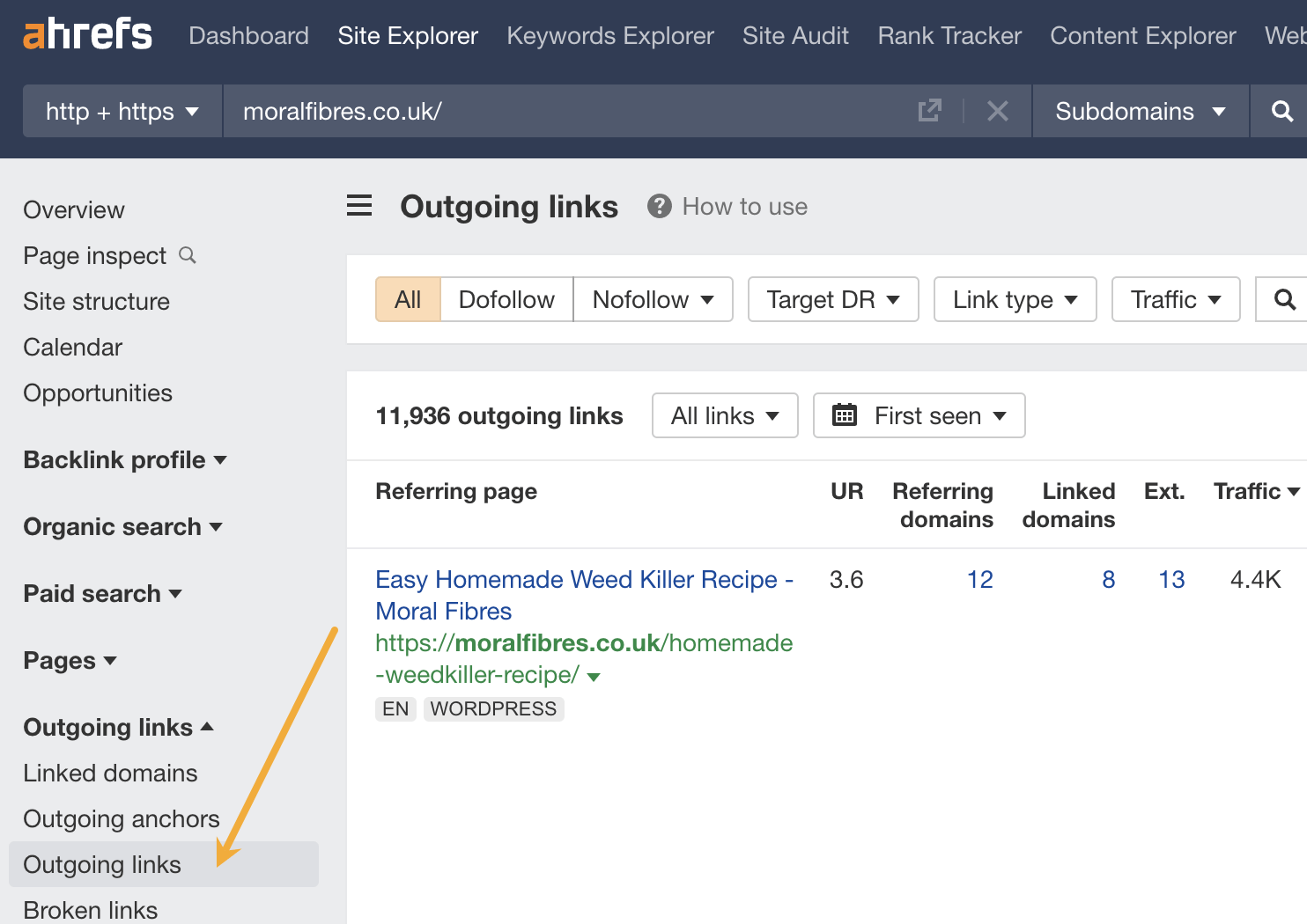 Ahrefs のサイトエクスプローラーにおける発リンクの検索