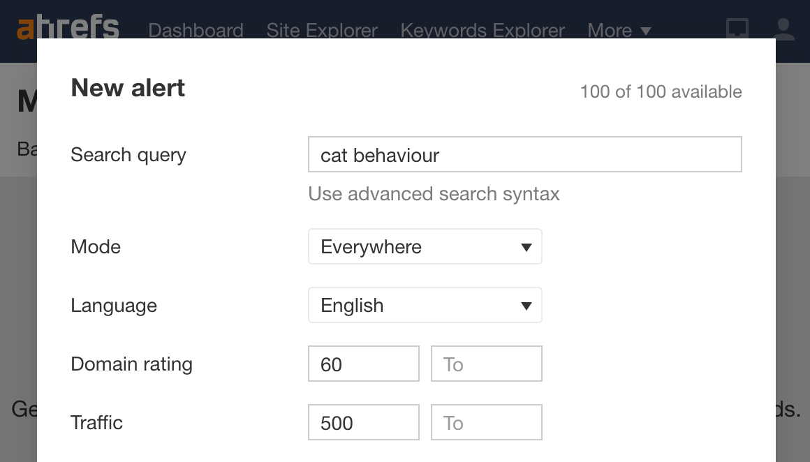 Ahrefs アラートでの「猫の行動」アラート設定