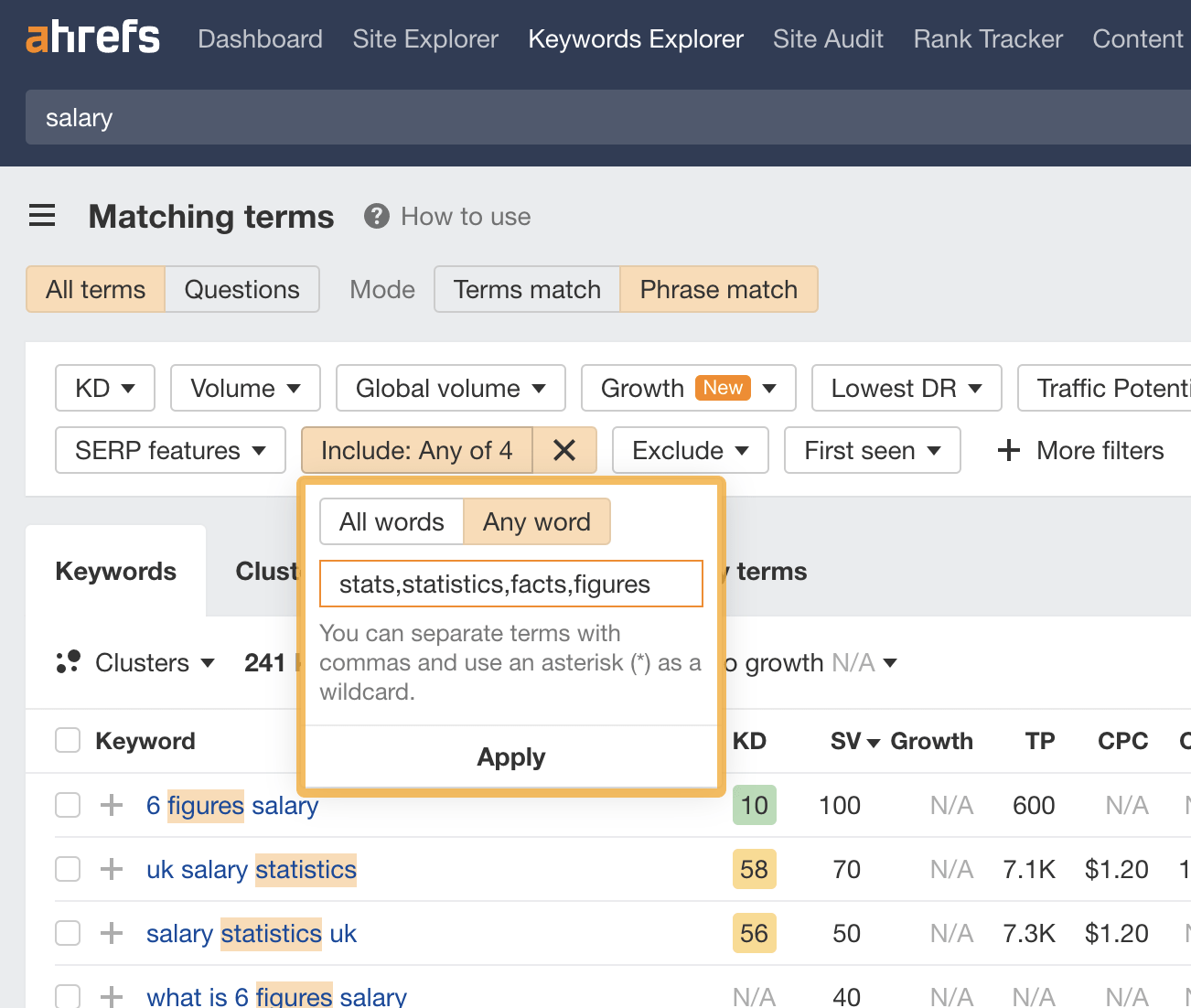 キーワードエクスプローラーでの統計キーワード検索