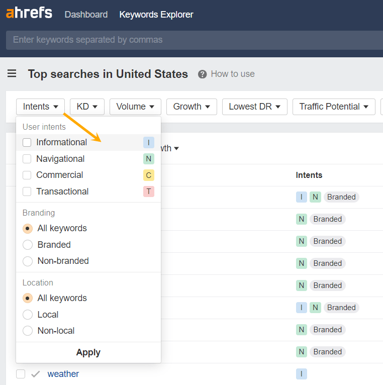 Ahrefs キーワードエクスプローラーの検索意図フィルター