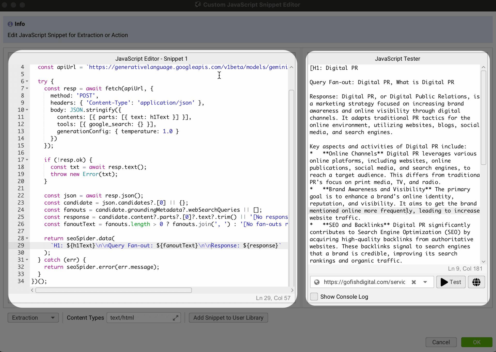 Google の Gemini API を使って Digital PR に関するクエリを実行する JavaScript コードの一部と、そのテスト結果を表示したコードエディタの画面