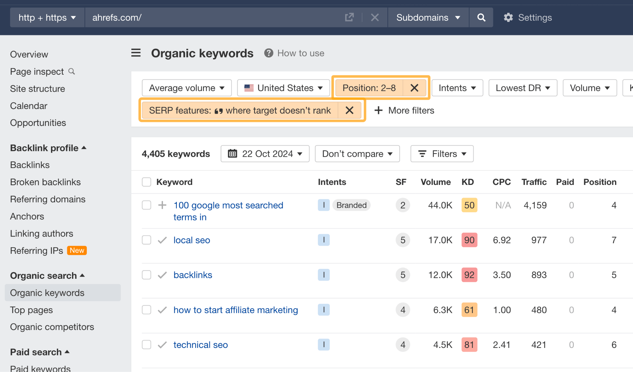 Ahrefs のフィルターを使って、強調スニペットに表示される機会を見つける。