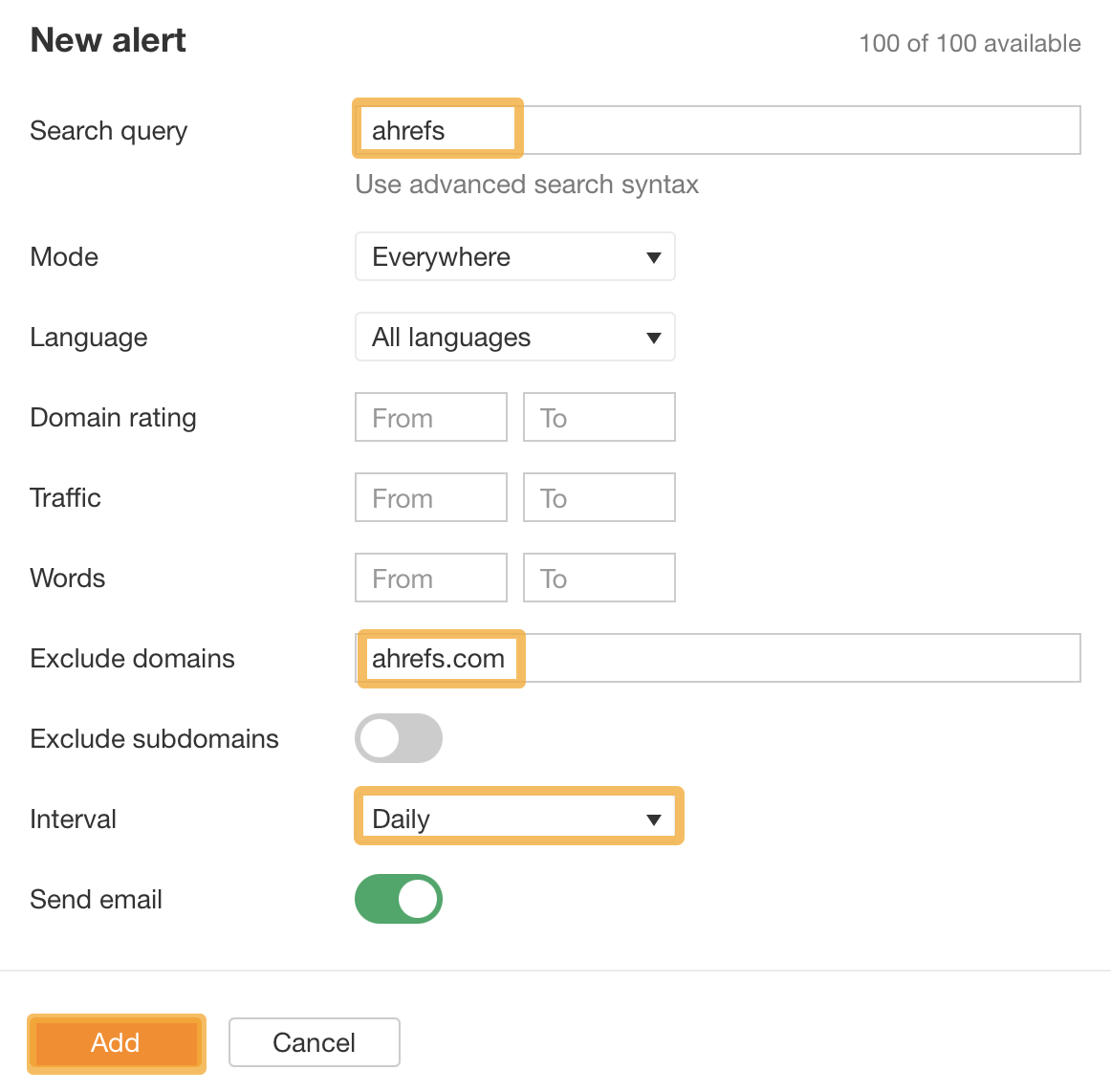 Ahrefs アラート機能で新アラートを設定