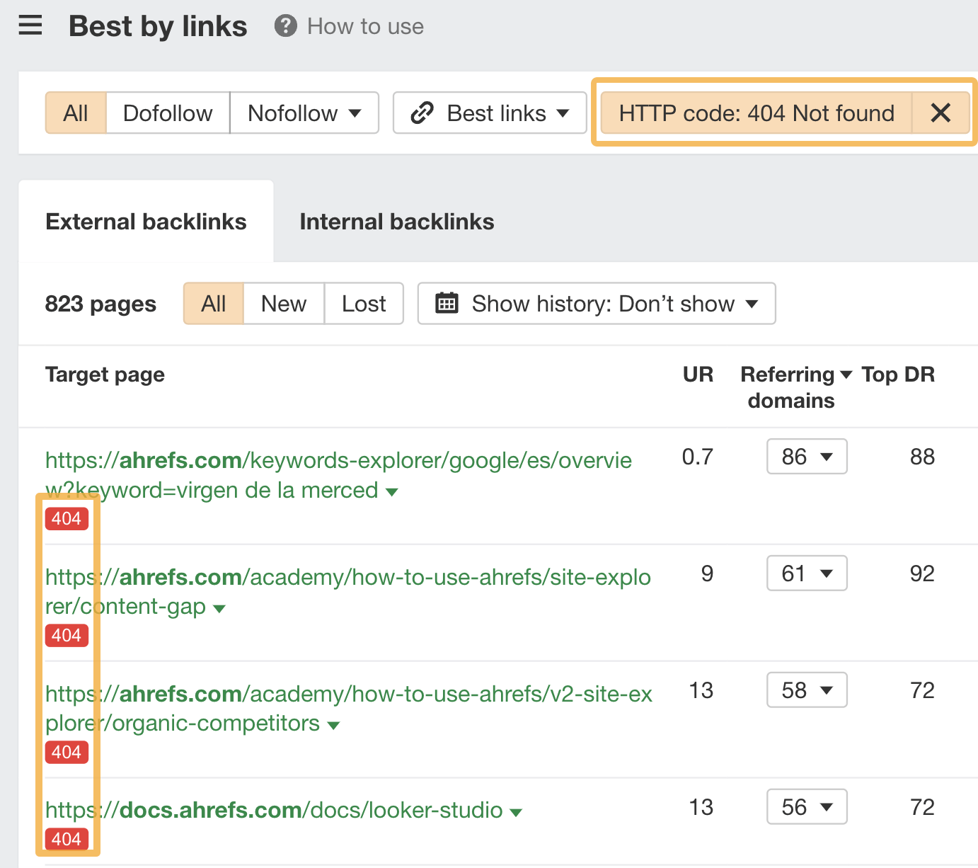 Ahrefs の「被リンク数の多いページレポート」を使って、無効ページに移動する価値の高いリンクを見つける。