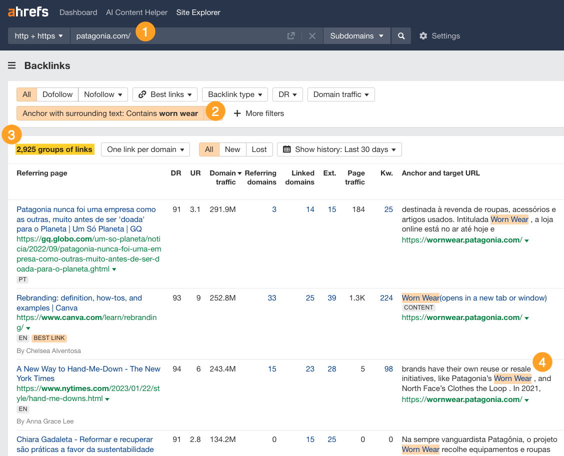 Ahrefs の被リンクレポートでキャンペーン「Worn Wear」の言及をフィルタリングし、パタゴニアのブランドコンテンツが獲得したリンクとアンカーの抜粋でコンテンツへの言及を確認。