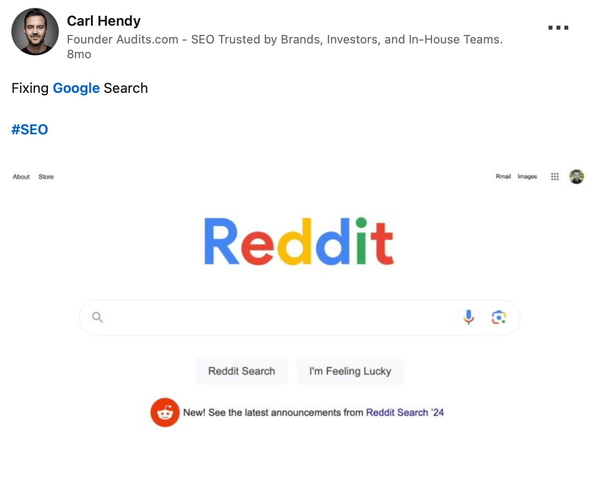 カール・ヘンディが Google 検索を Reddit に置き換えて修正