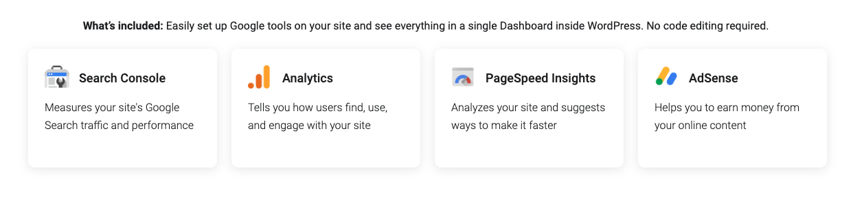 Google SiteKit から、サーチコンソール、アナリティクス、PageSpeed Insights、AdSense に登録が可能。