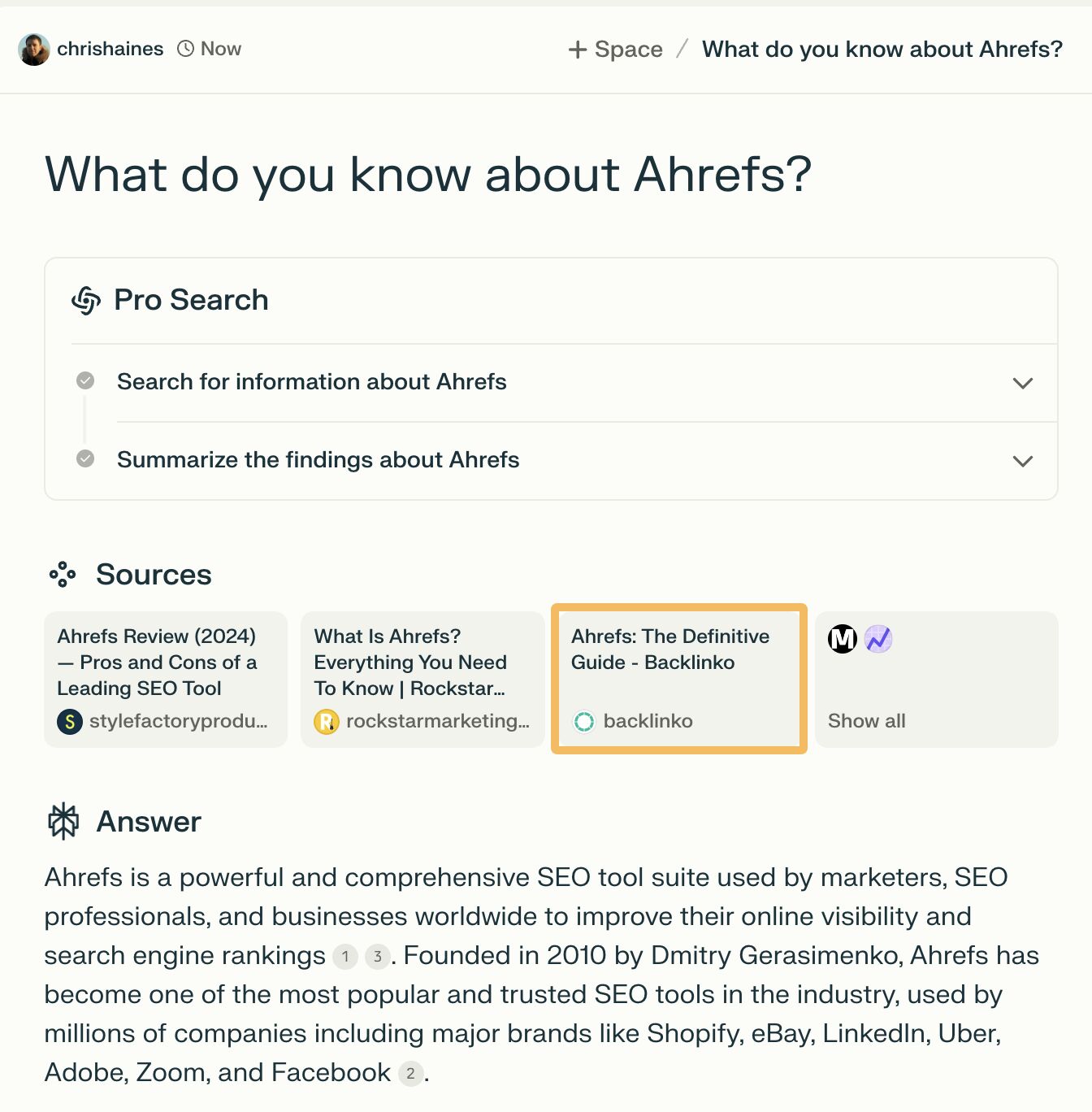 Perplexity に Ahrefs ブランドについて何を知っているか質問