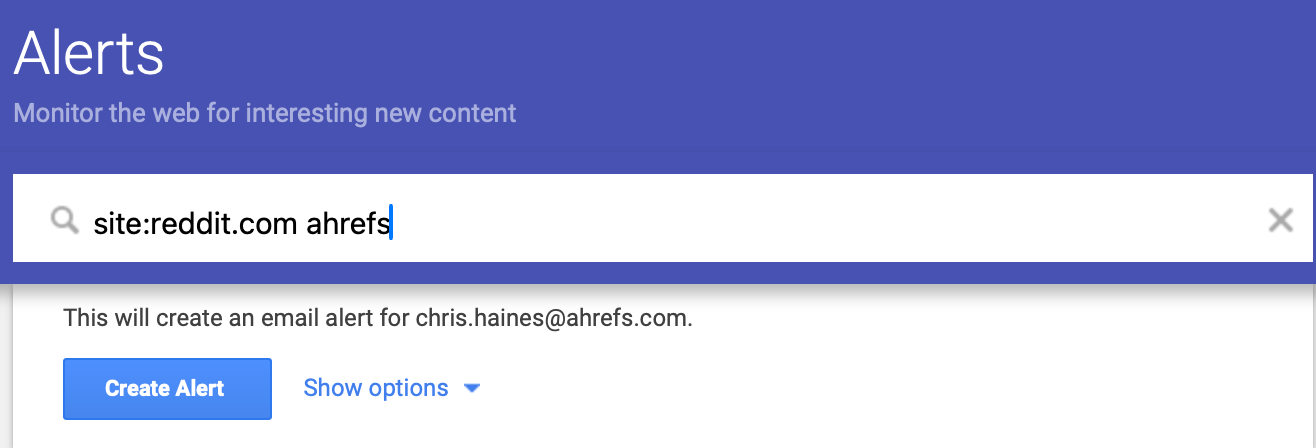 Reddit でのブランド言及を追跡するための Google アラートの例
