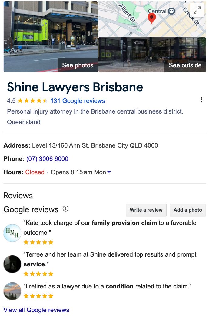 ブリスベンの Shine Lawyers による Google ビジネスリスティングの例。