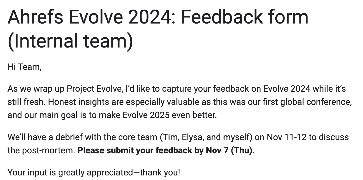 社内チームメンバー向けの Ahrefs Evolve 2024 フィードバックフォーム