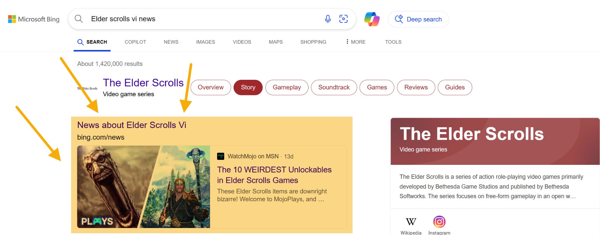 Bing AI で「The Elder Scrolls VI ニュース」と検索した結果