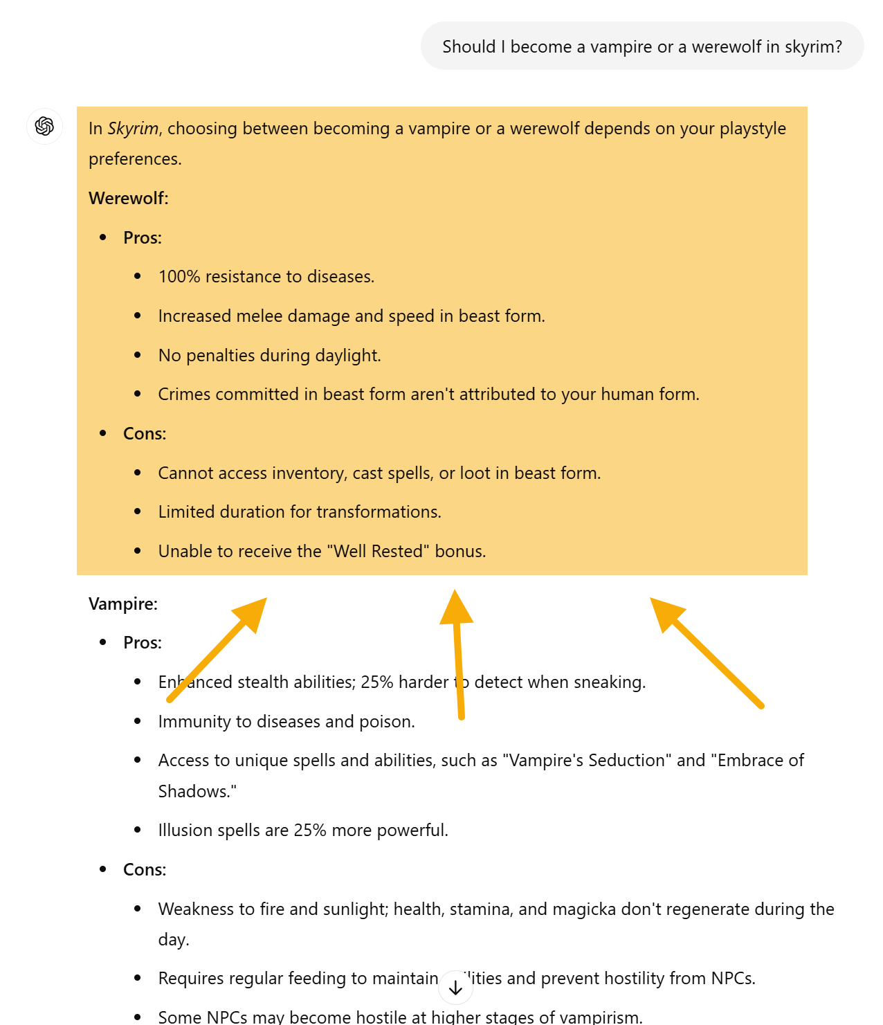 ChatGPT Search で「スカイリムで吸血鬼になるべきか、それとも狼男になるべきか?」という質問に対して表示される詳細な回答
