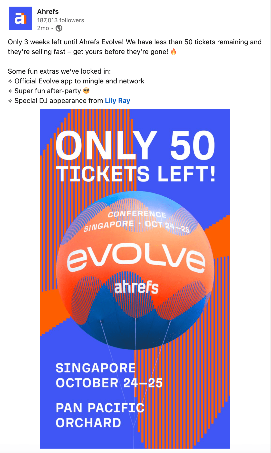 LinkedIn で Evolve チケットがもうすぐで完売しそうだと投稿