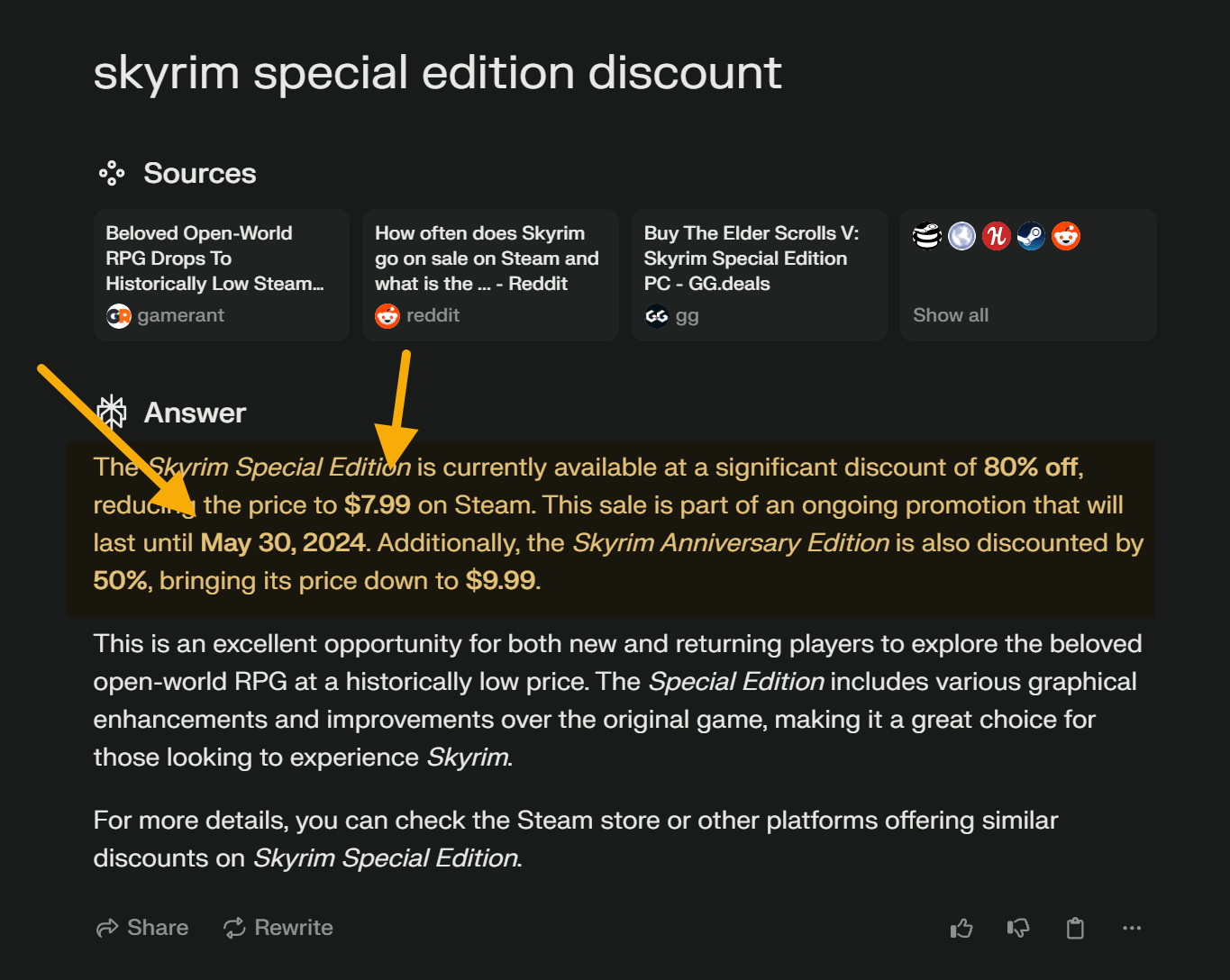 Perplexity で「スカイリム スペシャルエディション セール」と検索して表示された結果