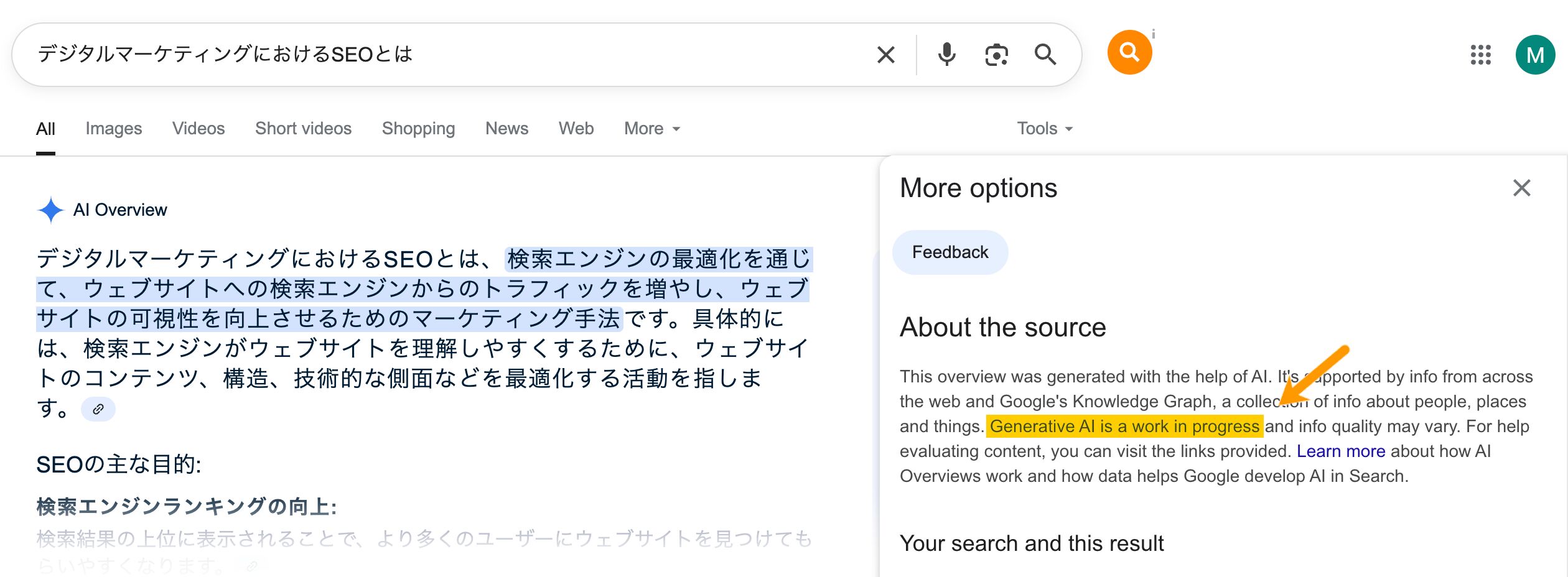 AI Overview の情報源に関する情報が表示された Google 検索結果のスクリーンショット。矢印は「Generative AI は現在開発途中」というハイライトされたテキストを指している。