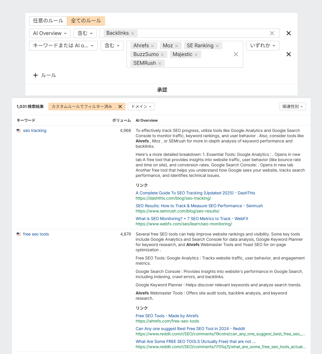 Ahrefs ブランドレーダーによる、Ahrefs・Moz・SEMRush などの AI Overview 言及比較画面