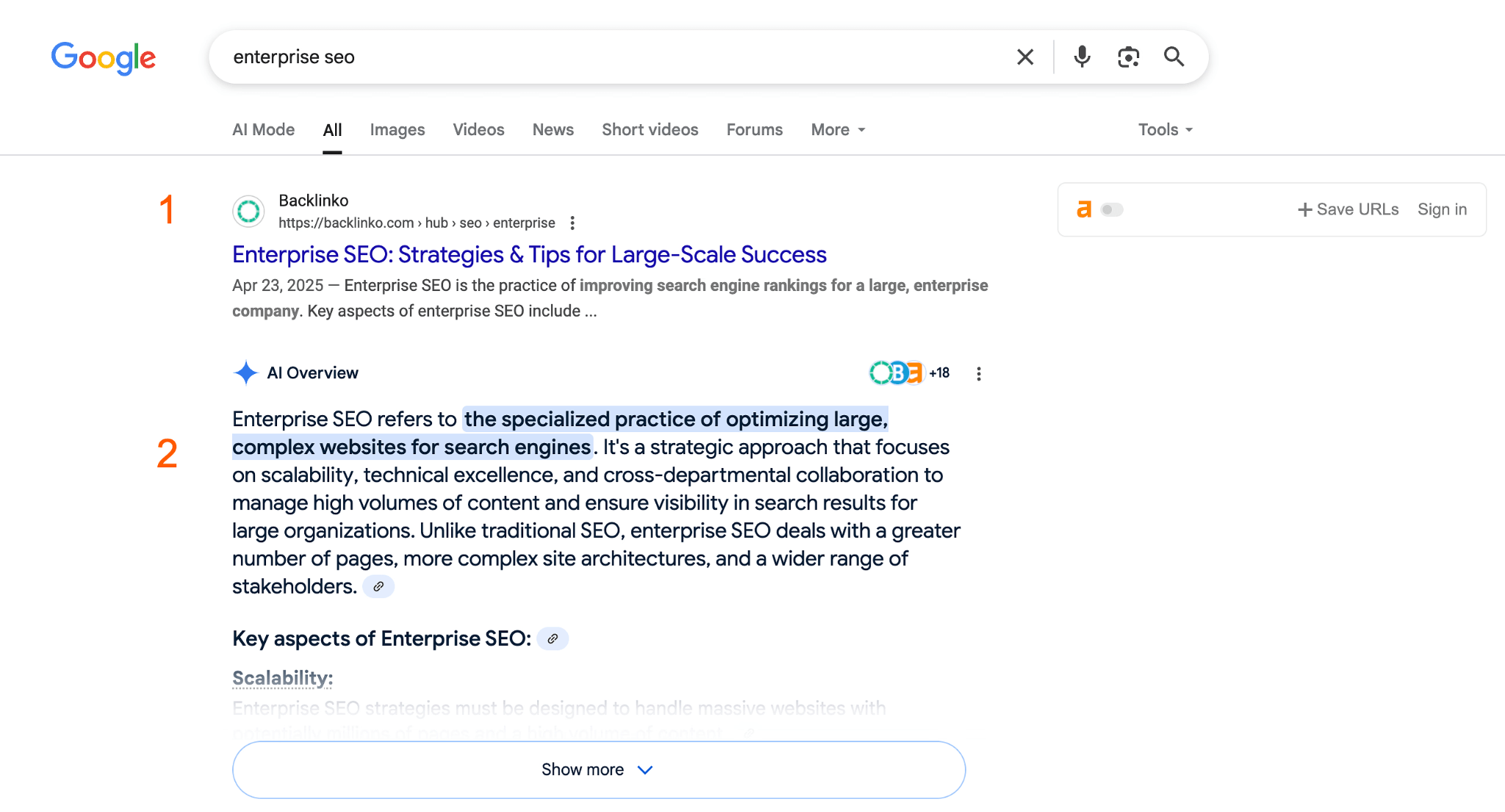 SERP 2 位に AI Overview が表示されている例